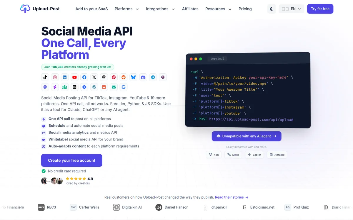 Upload-Post homepage: Social Media API, One Call, Every Platform, captured September 23, 2026