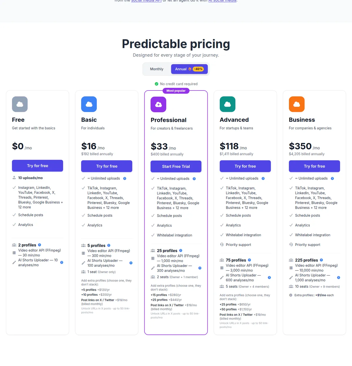 Upload-Post pricing: Free, Basic $16, Professional $33, Advanced $118, Business $350 billed annually, captured September 23, 2026