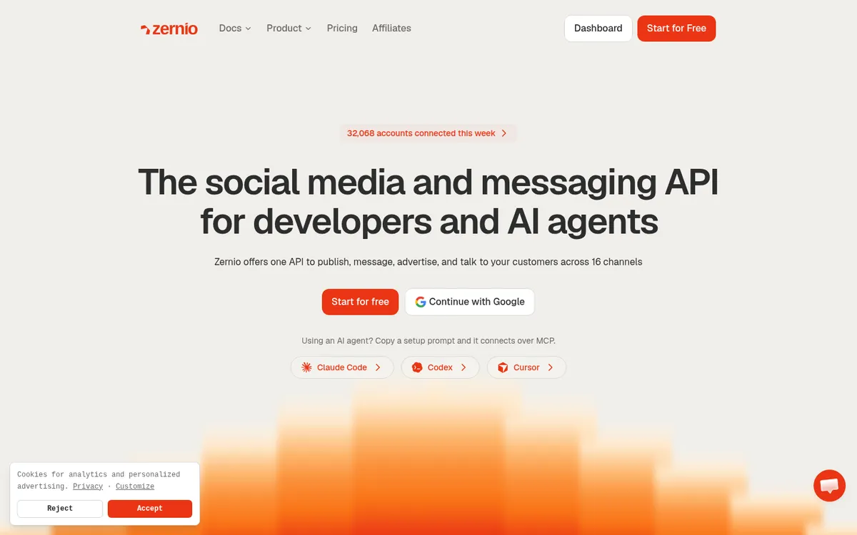 Zernio homepage: The social media and messaging API for developers and AI agents, captured September 23, 2026