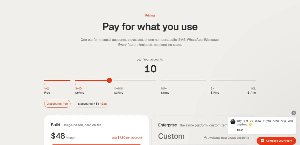Zernio pricing page: usage-based pricing per connected account, captured September 23, 2026