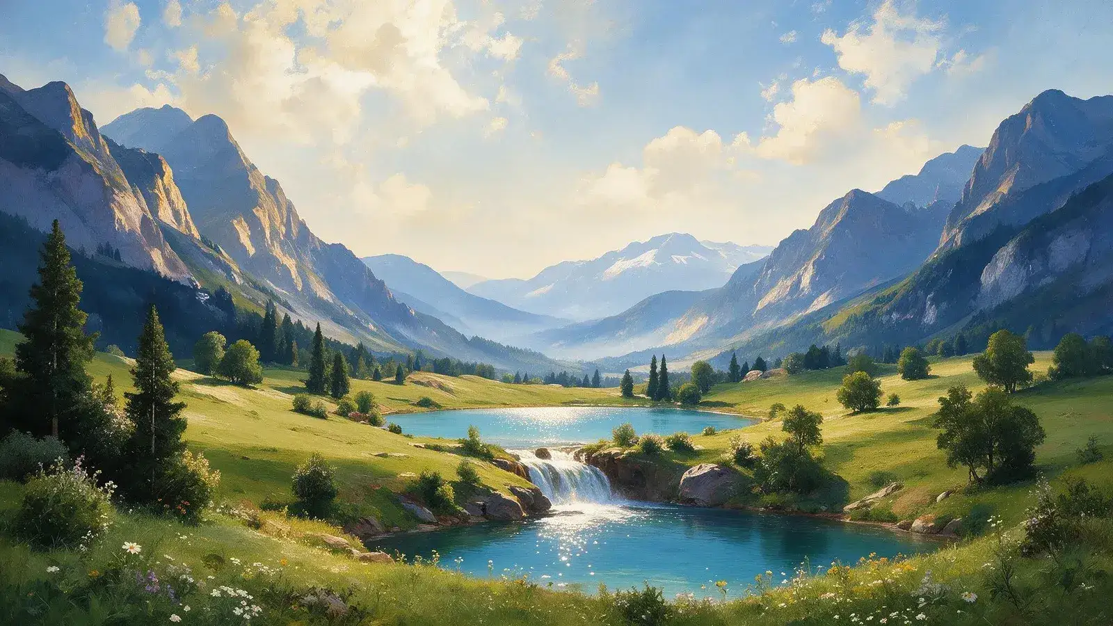 Oil painting of an alpine lake spilling over a small waterfall into a second lake, with a green valley and snowy peaks behind