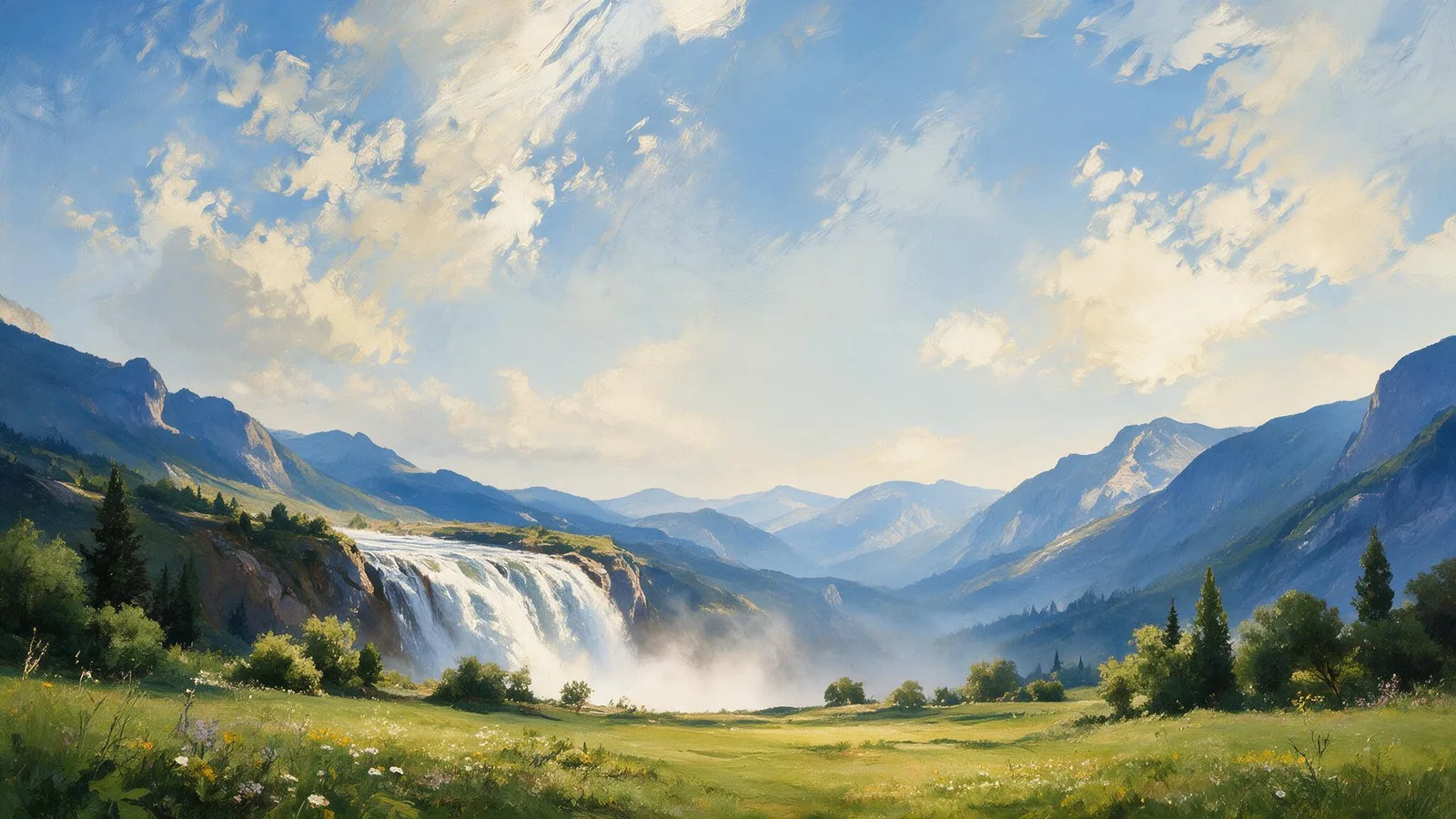 Oil painting of a wide river pouring over a mountain ledge as a waterfall, sunlight catching the spray above a green valley